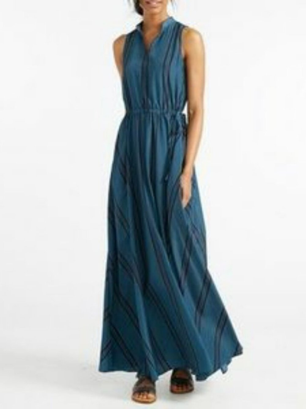L.L. Bean Navy and Teal Sleeveless V-neck Striped Maxi Dress 6